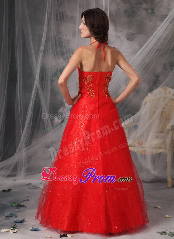 Appliques Accent Red A-line Halter Organza Prom Dresses for Cheap