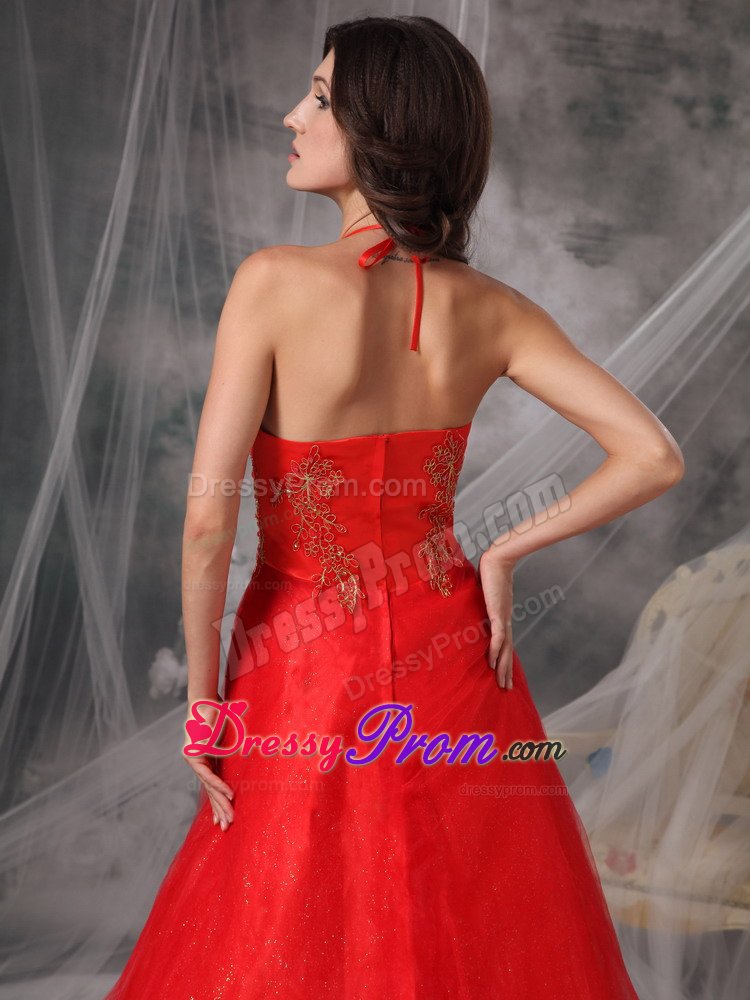 Appliques Accent Red A-line Halter Organza Prom Dresses for Cheap