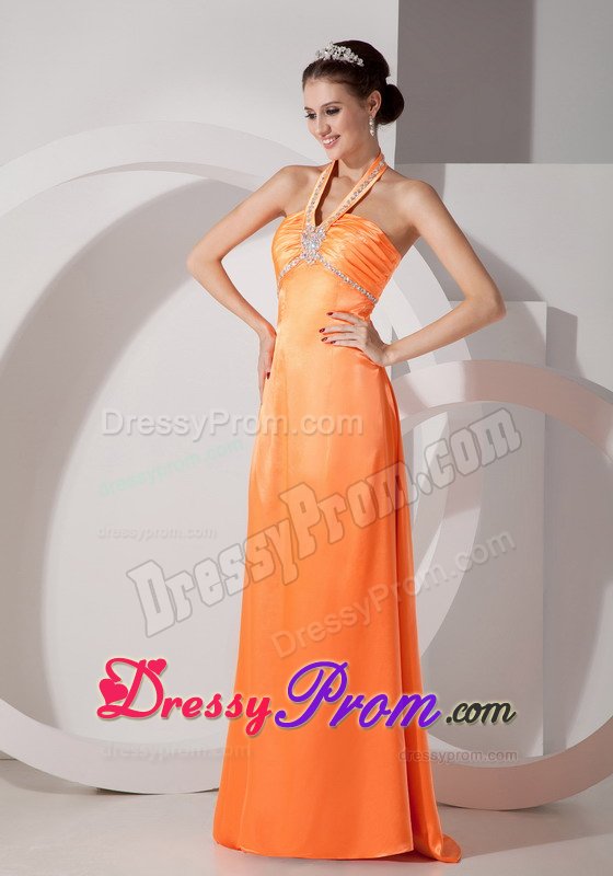 Custom Made Column Halter Beaded Orange Red Prom Dresses