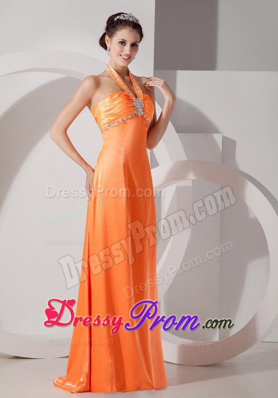 Custom Made Column Halter Beaded Orange Red Prom Dresses