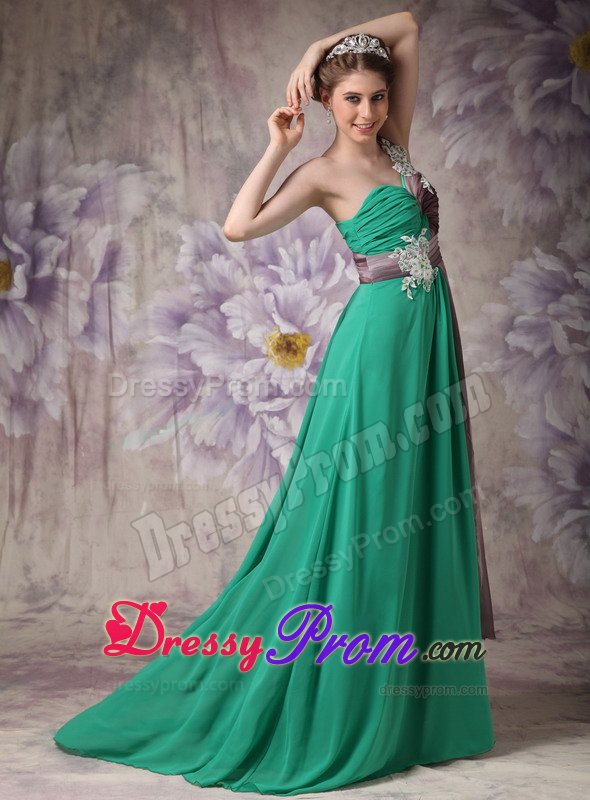 Latest Chiffon Prom Gowns Single Shoulder Appliques Sweep Train