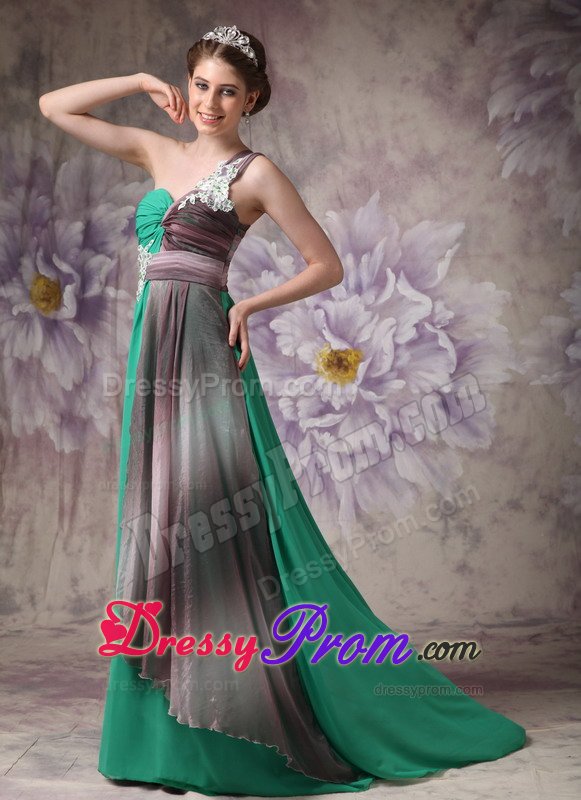 Latest Chiffon Prom Gowns Single Shoulder Appliques Sweep Train