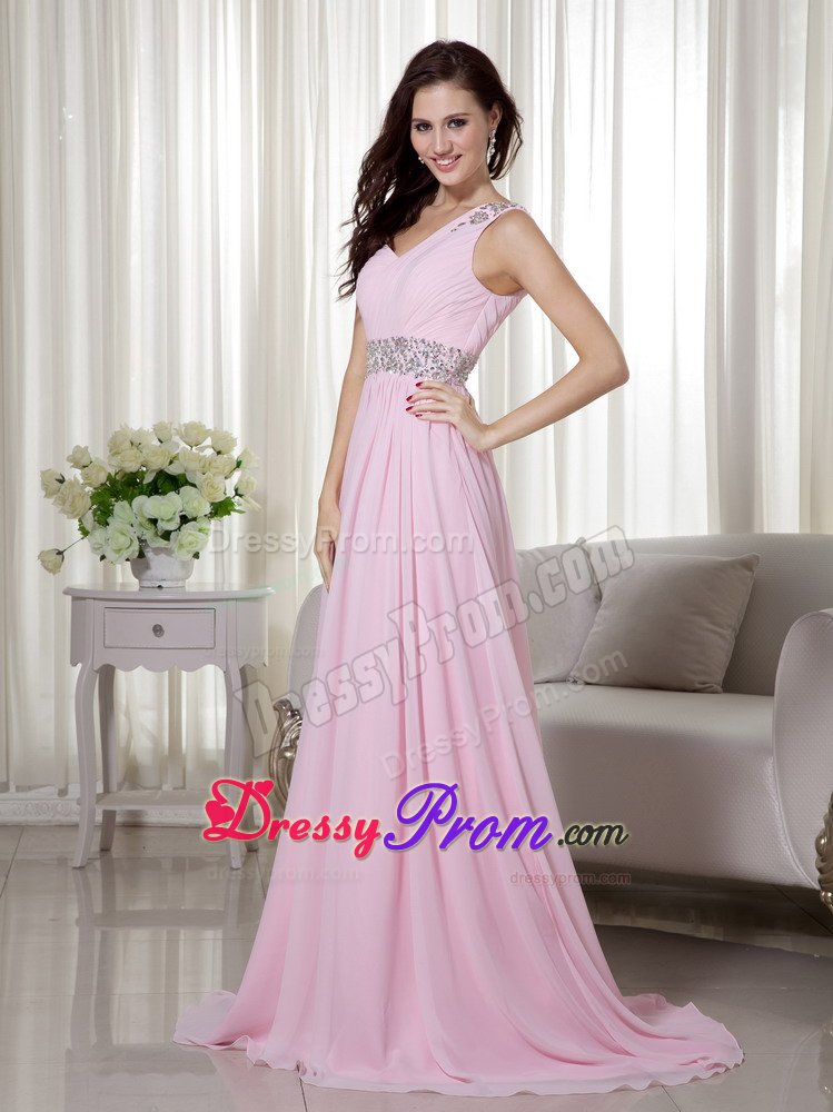One Shoulder Beaded and Ruched Prom Evening Dress in Baby Pink