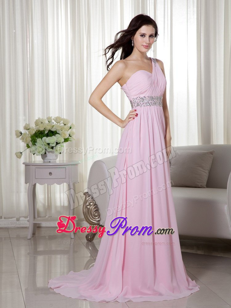One Shoulder Beaded and Ruched Prom Evening Dress in Baby Pink