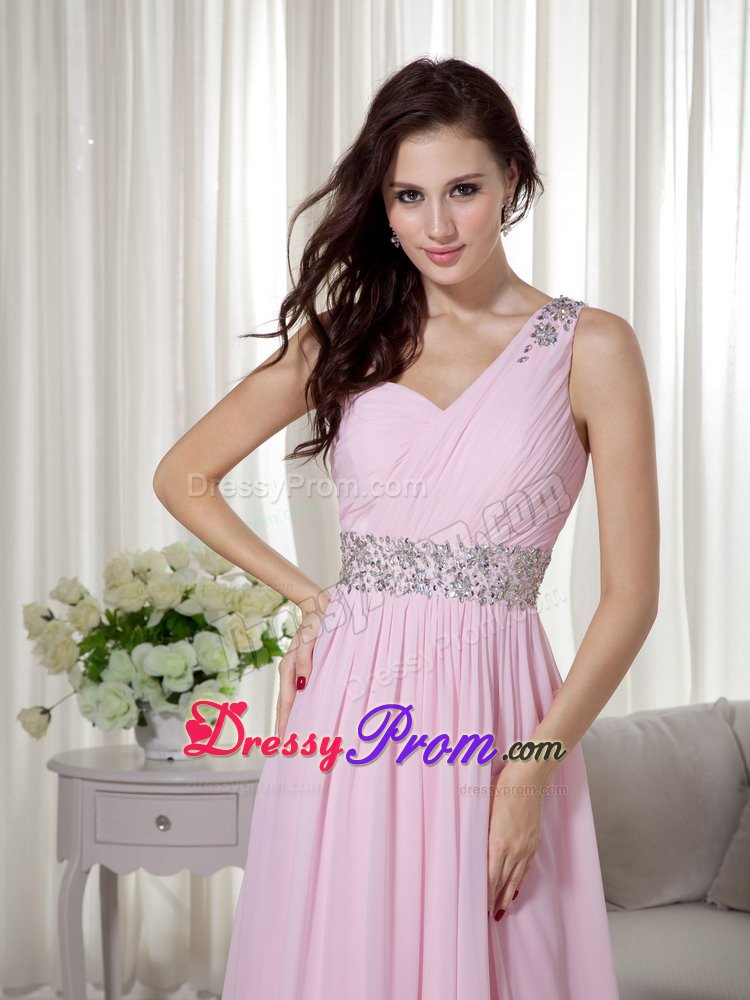 One Shoulder Beaded and Ruched Prom Evening Dress in Baby Pink