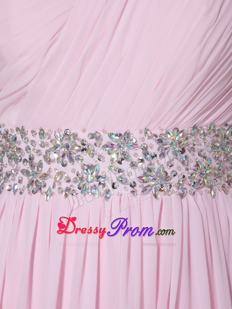 One Shoulder Beaded and Ruched Prom Evening Dress in Baby Pink