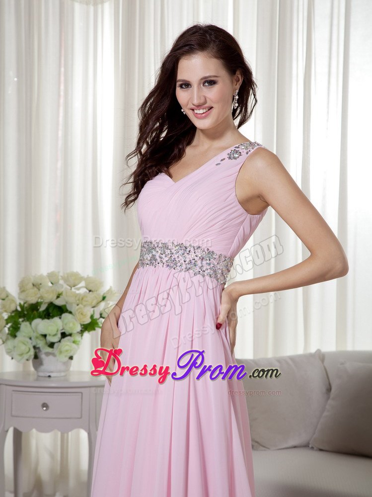 One Shoulder Beaded and Ruched Prom Evening Dress in Baby Pink