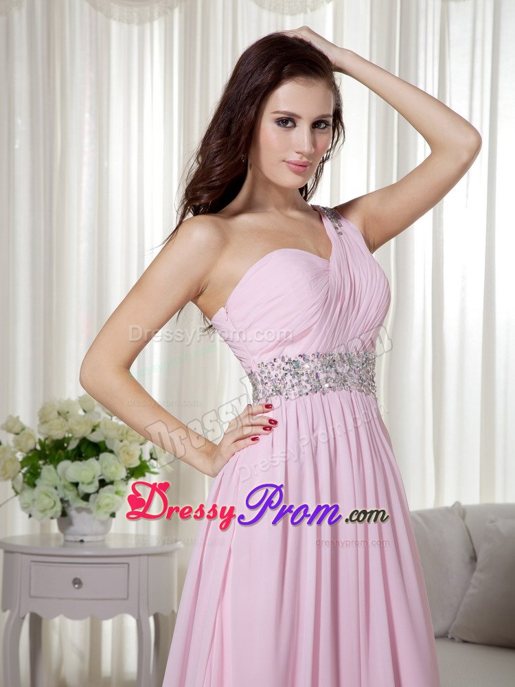 One Shoulder Beaded and Ruched Prom Evening Dress in Baby Pink