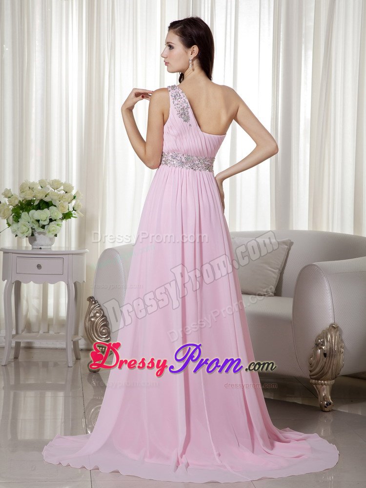 One Shoulder Beaded and Ruched Prom Evening Dress in Baby Pink
