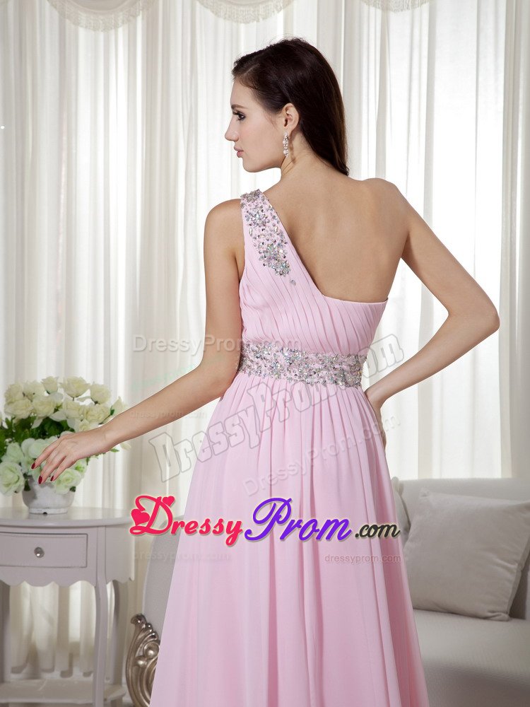 One Shoulder Beaded and Ruched Prom Evening Dress in Baby Pink