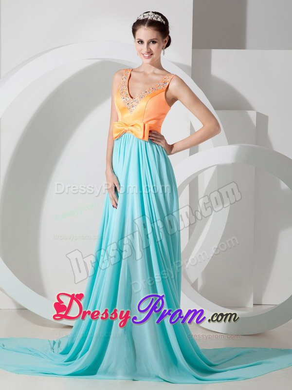 Orange and Blue V-neck Prom Formal Dress Beading and Bowknot