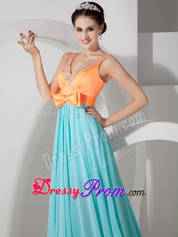 Orange and Blue V-neck Prom Formal Dress Beading and Bowknot