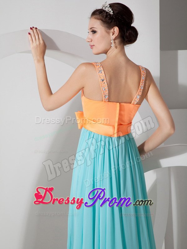 Orange and Blue V-neck Prom Formal Dress Beading and Bowknot