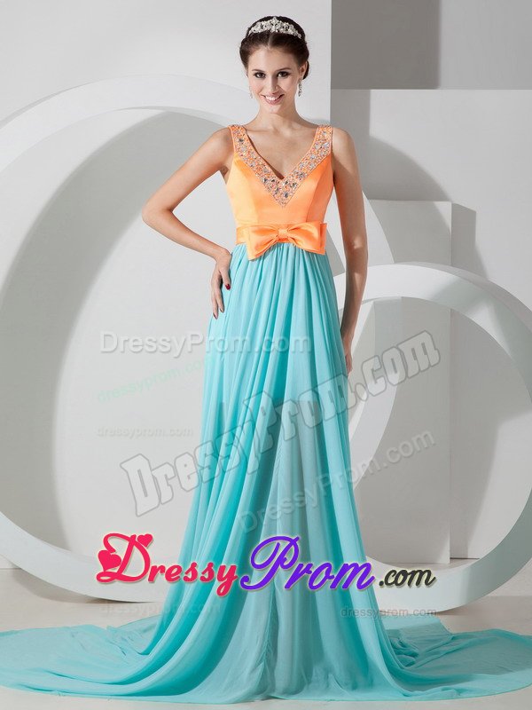 Orange and Blue V-neck Prom Formal Dress Beading and Bowknot