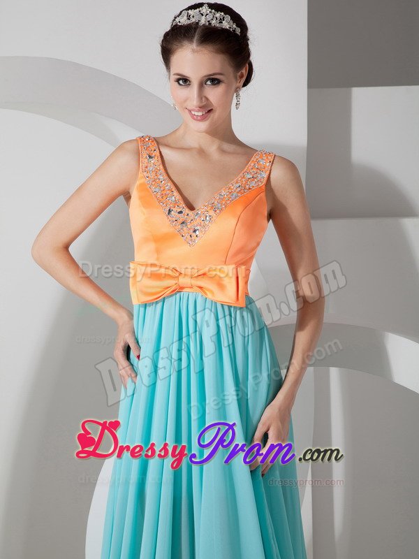 Orange and Blue V-neck Prom Formal Dress Beading and Bowknot