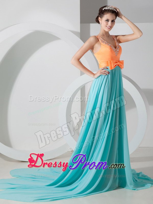 Orange and Blue V-neck Prom Formal Dress Beading and Bowknot