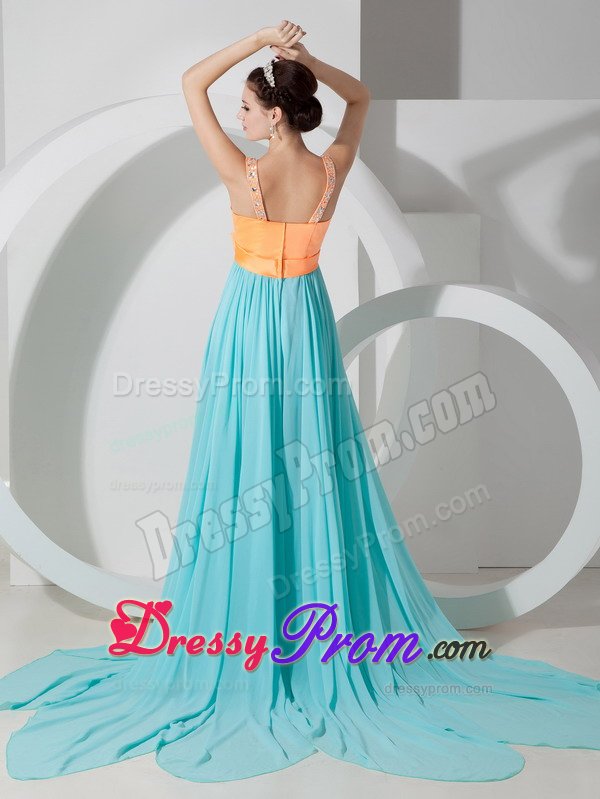 Orange and Blue V-neck Prom Formal Dress Beading and Bowknot