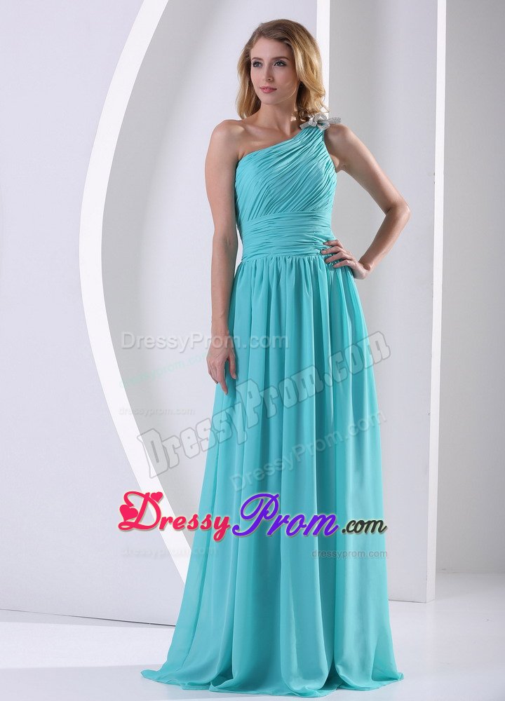 Luxurious Ruched Prom Cocktail Dress One Shoulder in Aqua Blue