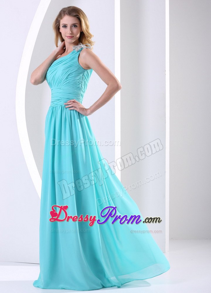 Luxurious Ruched Prom Cocktail Dress One Shoulder in Aqua Blue