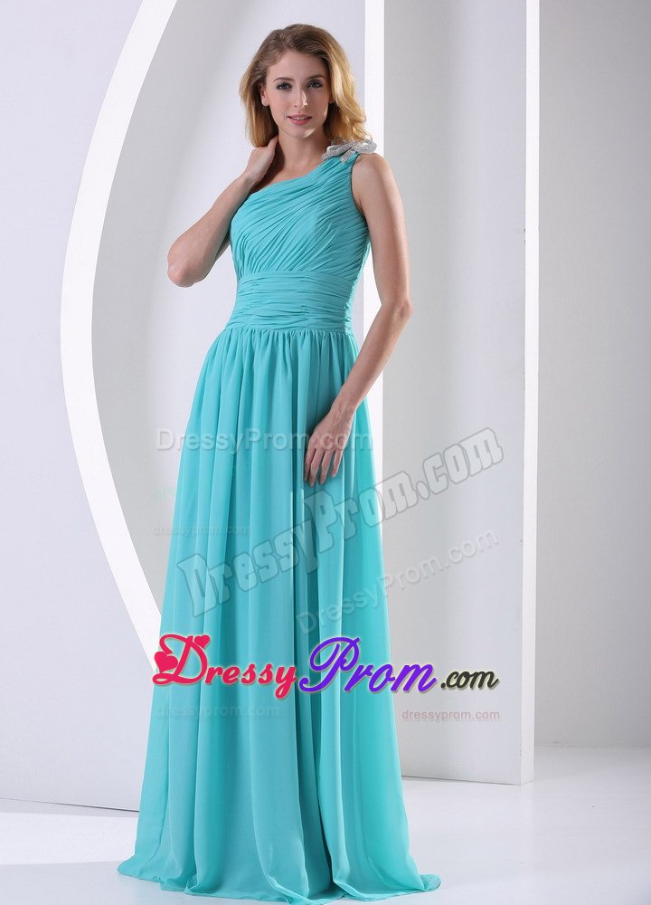 Luxurious Ruched Prom Cocktail Dress One Shoulder in Aqua Blue
