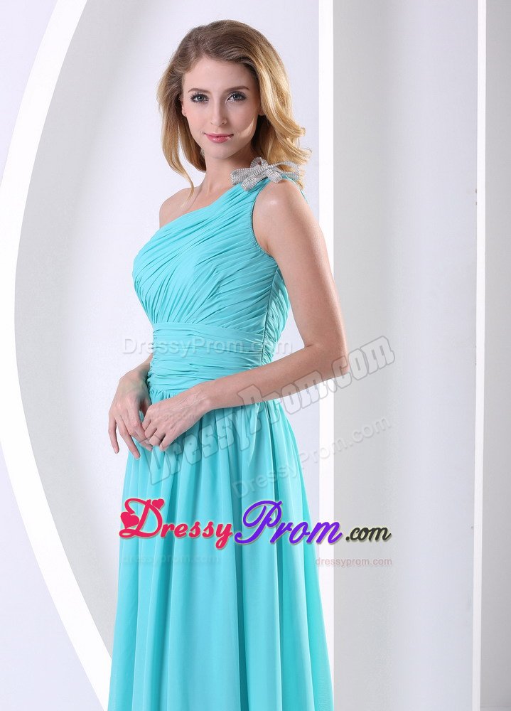 Luxurious Ruched Prom Cocktail Dress One Shoulder in Aqua Blue