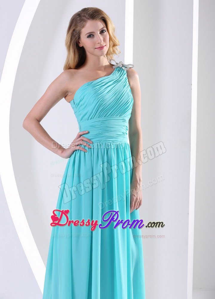 Luxurious Ruched Prom Cocktail Dress One Shoulder in Aqua Blue
