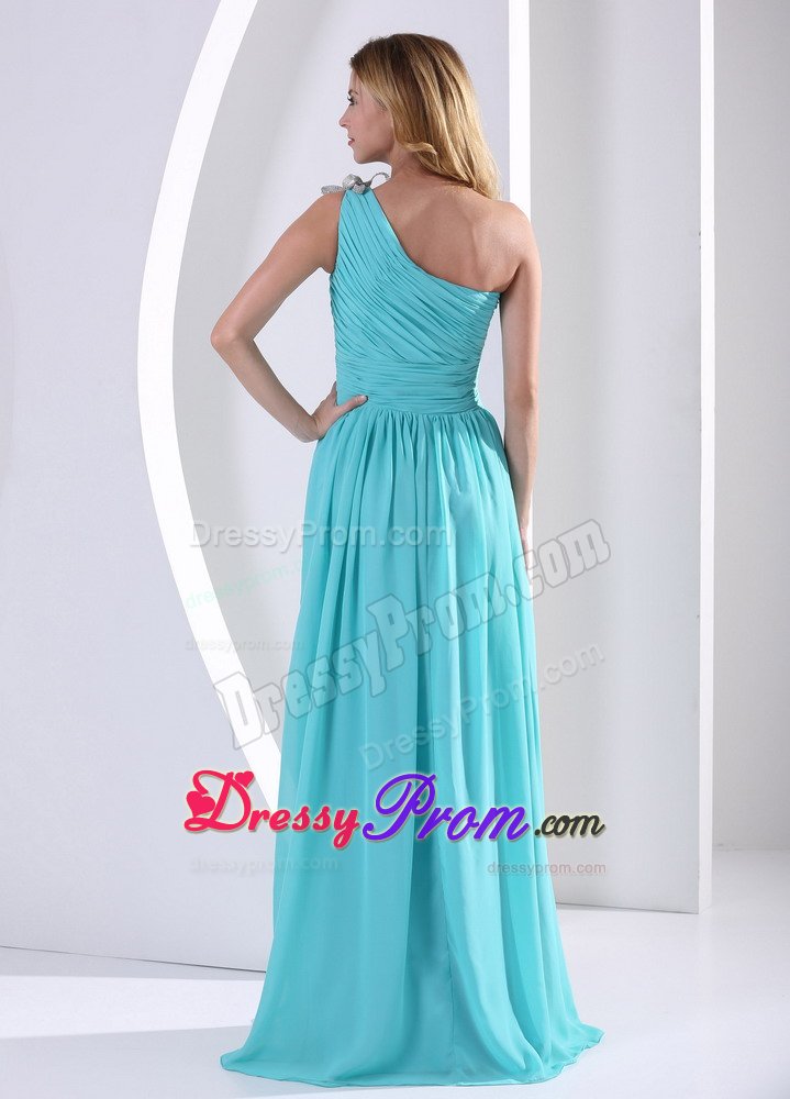 Luxurious Ruched Prom Cocktail Dress One Shoulder in Aqua Blue