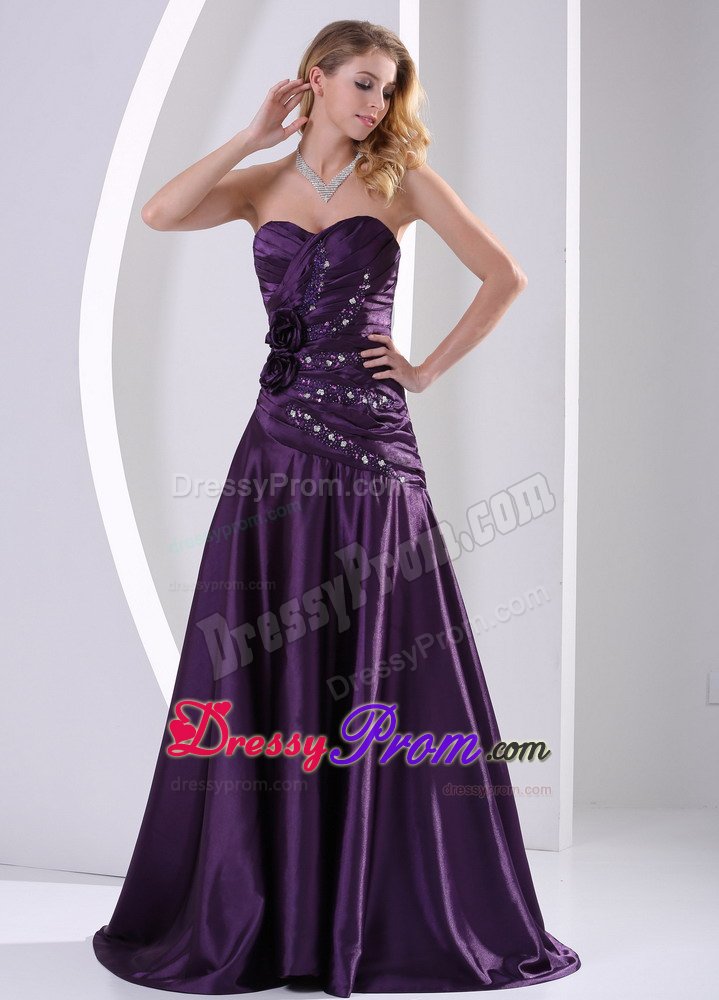 Elegant Ruched Prom Gowns Beading with Hand Made Flowers