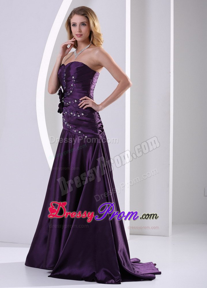 Elegant Ruched Prom Gowns Beading with Hand Made Flowers
