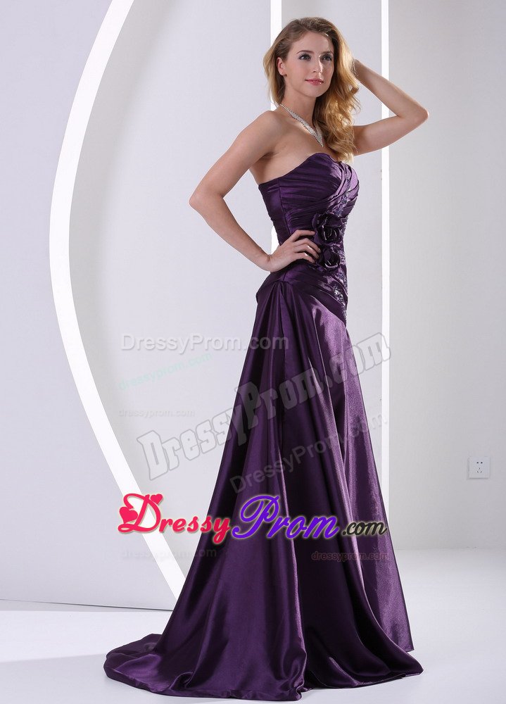 Elegant Ruched Prom Gowns Beading with Hand Made Flowers