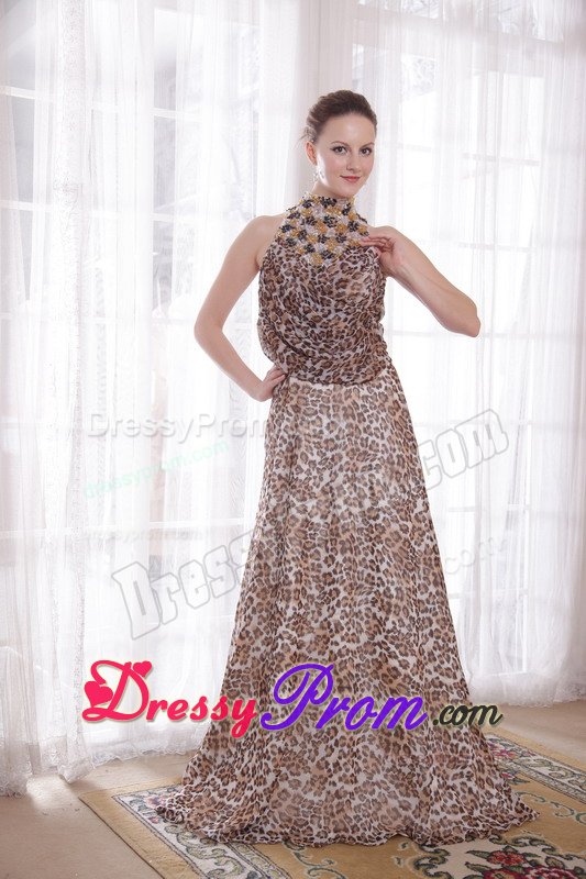 Leopard Print High-neck Brush Train Prom Dress with Rhinestones