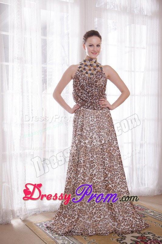 Leopard Print High-neck Brush Train Prom Dress with Rhinestones