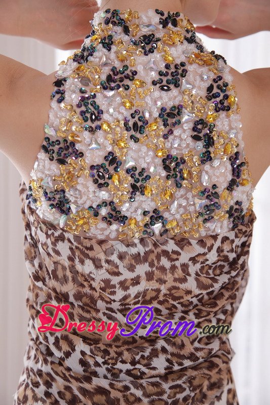 Leopard Print High-neck Brush Train Prom Dress with Rhinestones