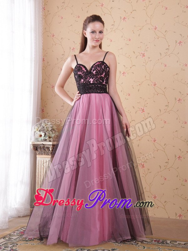 A-line Rose Pink Straps Appliqued Beaded Prom Evening Dress
