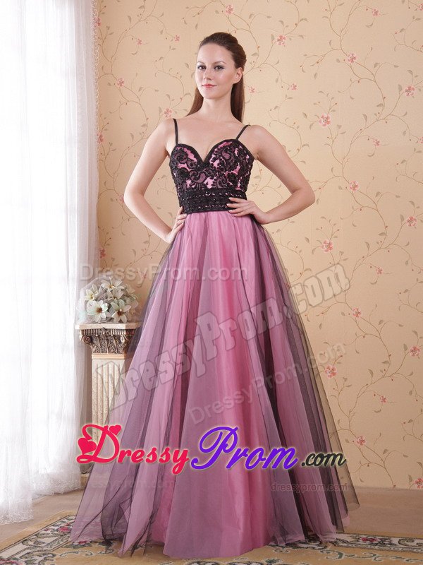 A-line Rose Pink Straps Appliqued Beaded Prom Evening Dress