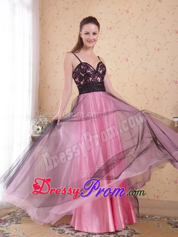 A-line Rose Pink Straps Appliqued Beaded Prom Evening Dress