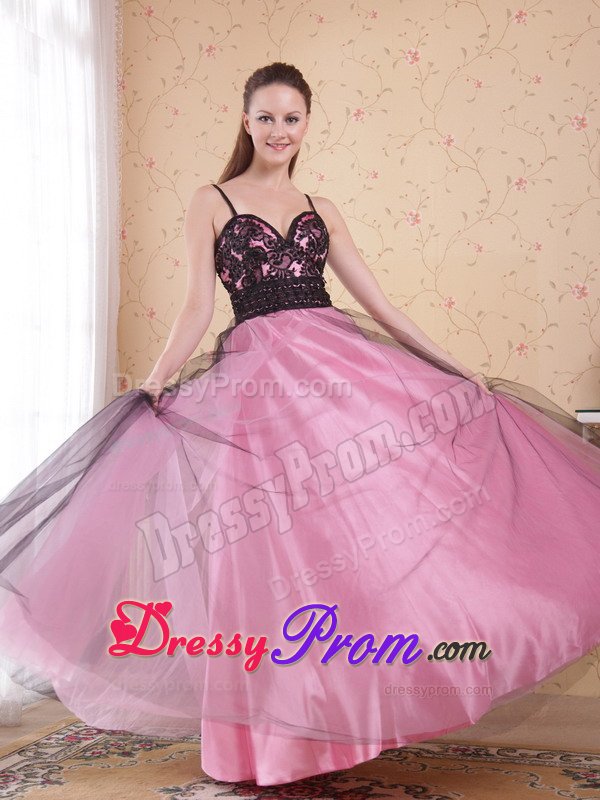 A-line Rose Pink Straps Appliqued Beaded Prom Evening Dress
