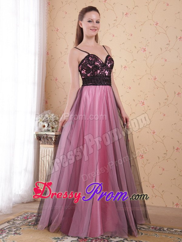 A-line Rose Pink Straps Appliqued Beaded Prom Evening Dress