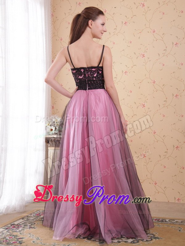A-line Rose Pink Straps Appliqued Beaded Prom Evening Dress