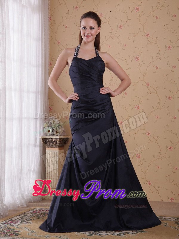 New Beaded Halter Top Long Prom Dress Ruched with Cool Back