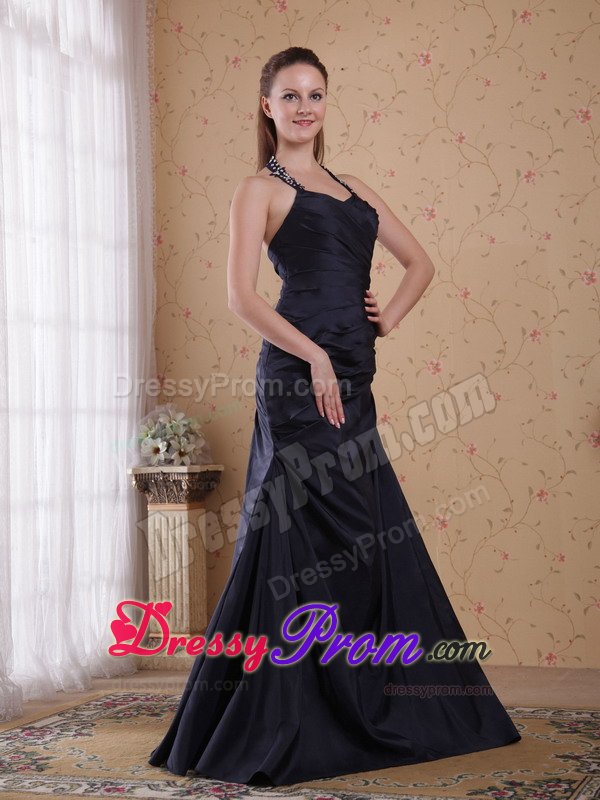 New Beaded Halter Top Long Prom Dress Ruched with Cool Back