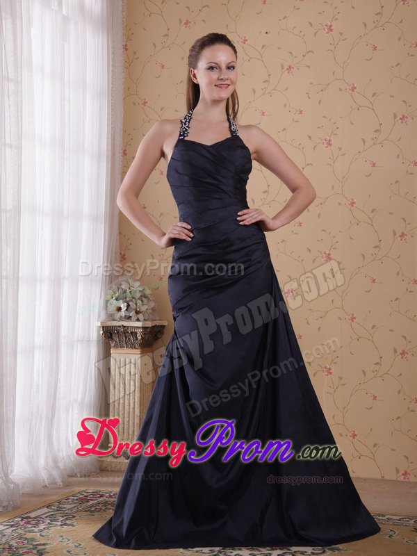 New Beaded Halter Top Long Prom Dress Ruched with Cool Back