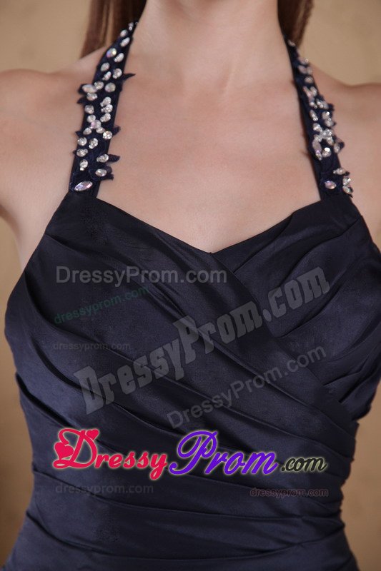 New Beaded Halter Top Long Prom Dress Ruched with Cool Back