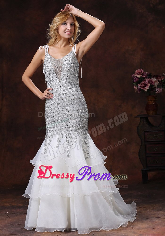 Mermaid Straps Ruffled White and Gray Prom Evening Dress
