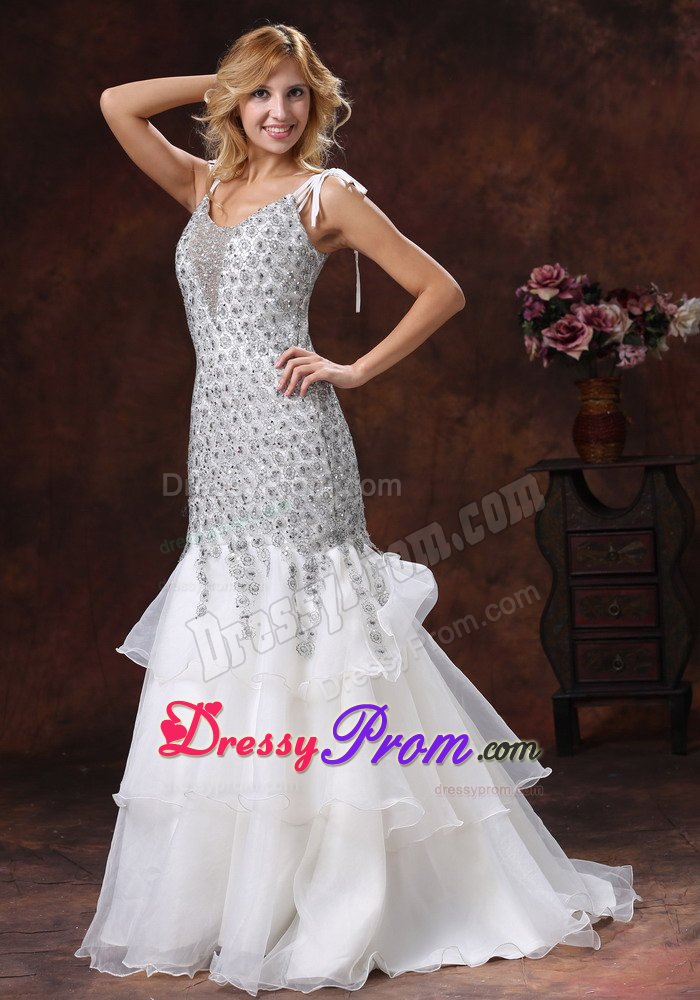 Mermaid Straps Ruffled White and Gray Prom Evening Dress