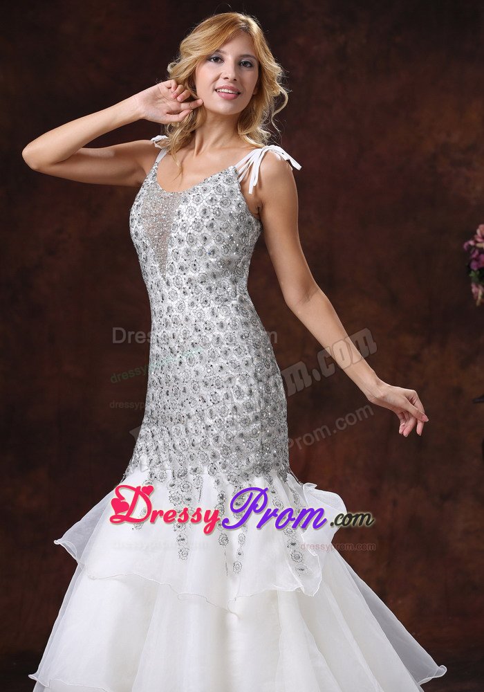 Mermaid Straps Ruffled White and Gray Prom Evening Dress