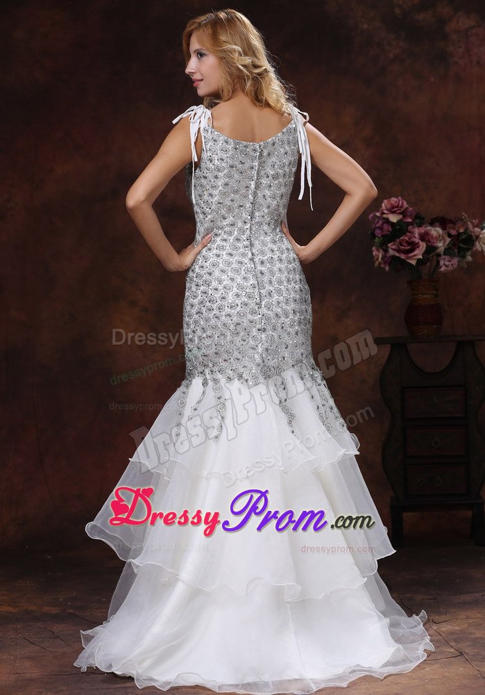 Mermaid Straps Ruffled White and Gray Prom Evening Dress