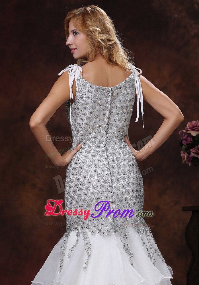 Mermaid Straps Ruffled White and Gray Prom Evening Dress