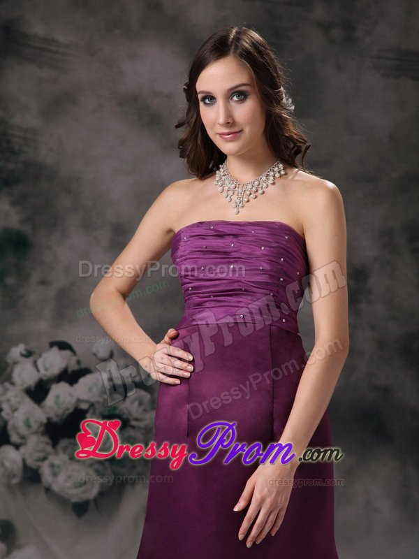 Beaded and Ruched Long Prom Evening Dress Strapless in Purple