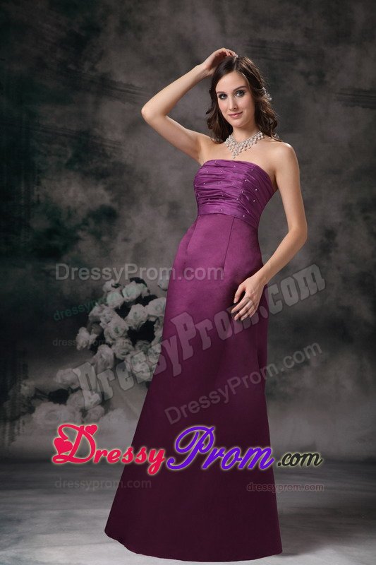 Beaded and Ruched Long Prom Evening Dress Strapless in Purple